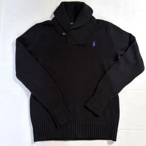 Ralph Lauren Shawl Collar Sweater Black Purple Pony Cotton Women's M